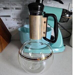 Vintage PYREX Glass Carafe Decanter Gold Stripe Black Handle Lid Server